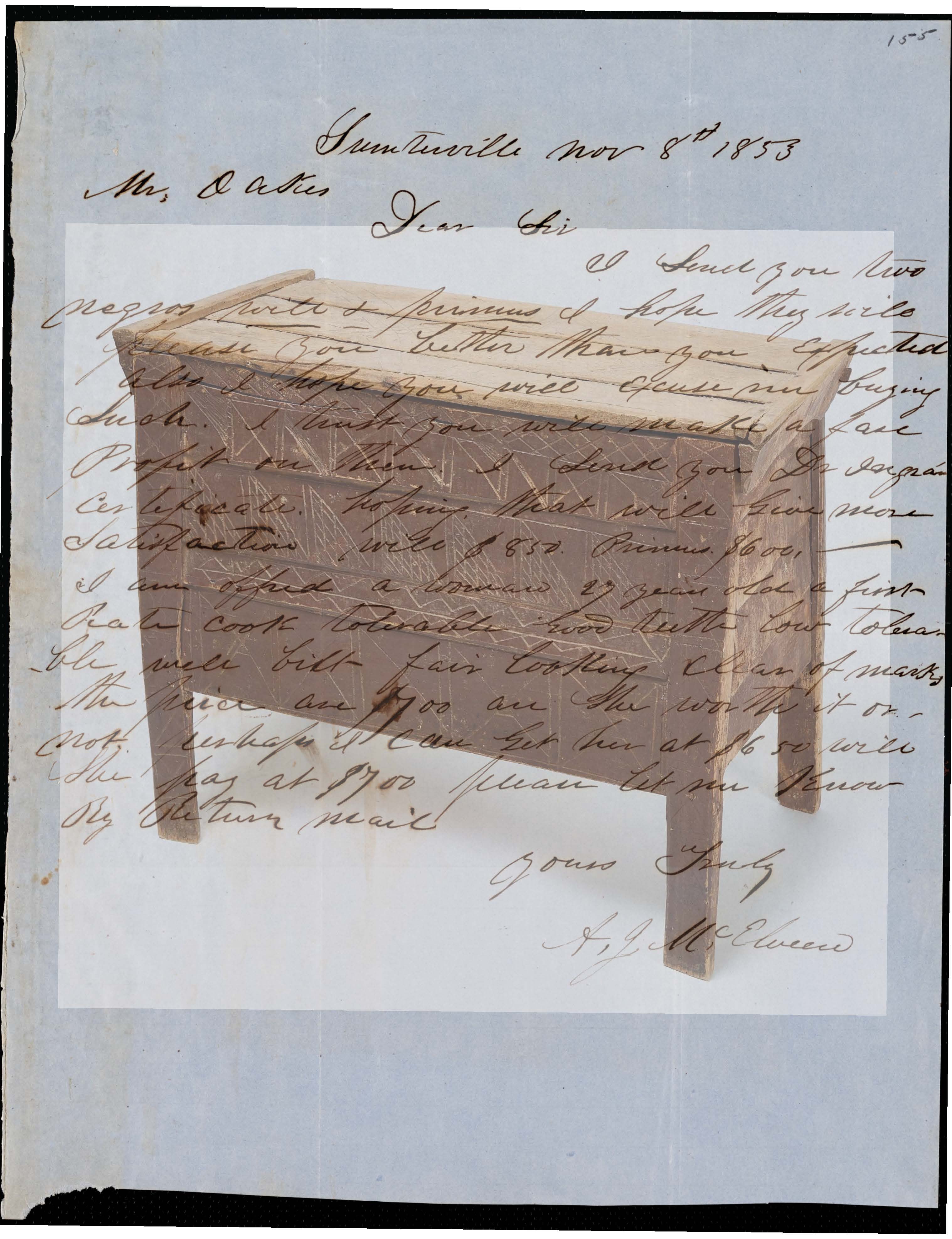 phot of a wooden table with drawers overlayed by a handwritten letter dated November 1853