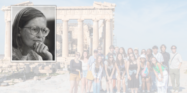 Picture of Penelope Bigg overlayed over a picture of students in front of an anceint columned structure