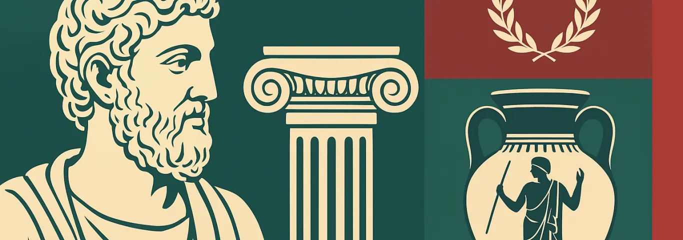 WashU greens and reds with Roman figure, column, laurel wreath, and vase