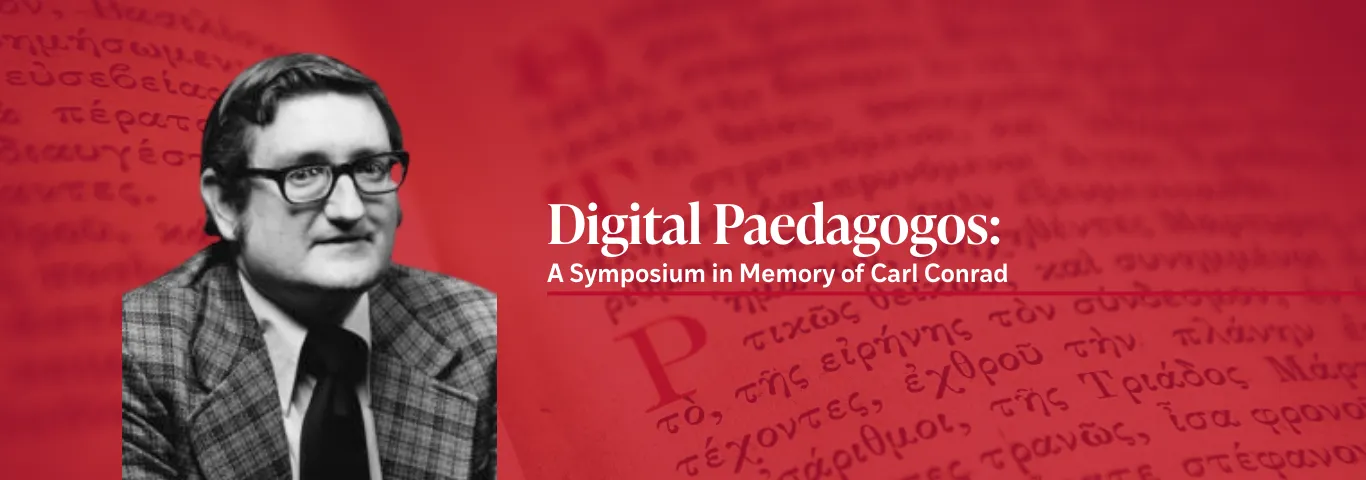 a black and white photo of Conrad, greek text in the background