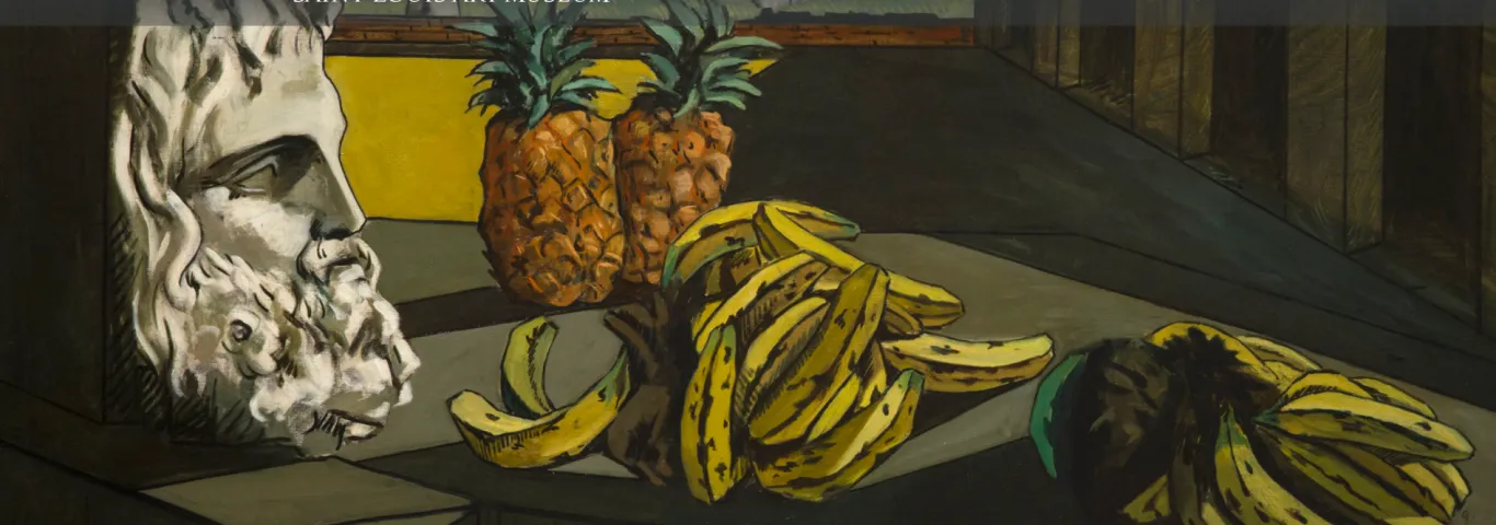 still life of greek bust, pineapples, and bananas