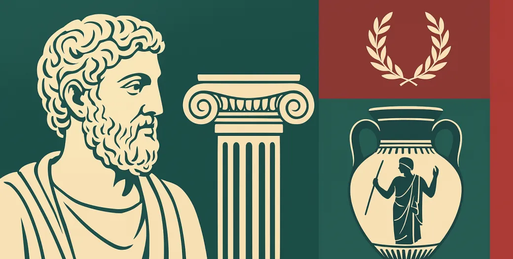 WashU greens and reds with Roman figure, column, laurel wreath, and vase