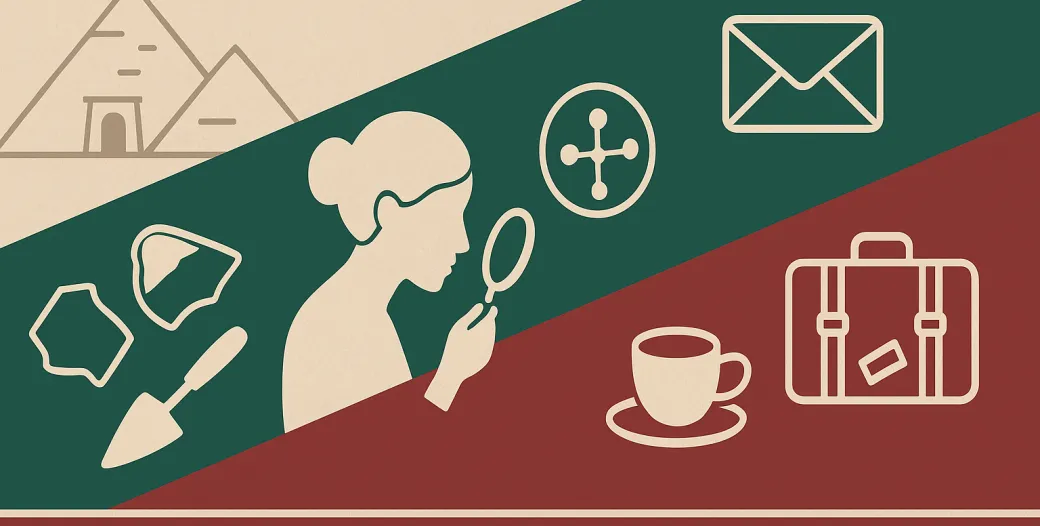 graphics of pyramids, a woman figure holding a microscope and symbols for travel and archaeology