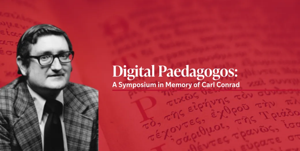 a black and white photo of Conrad, greek text in the background