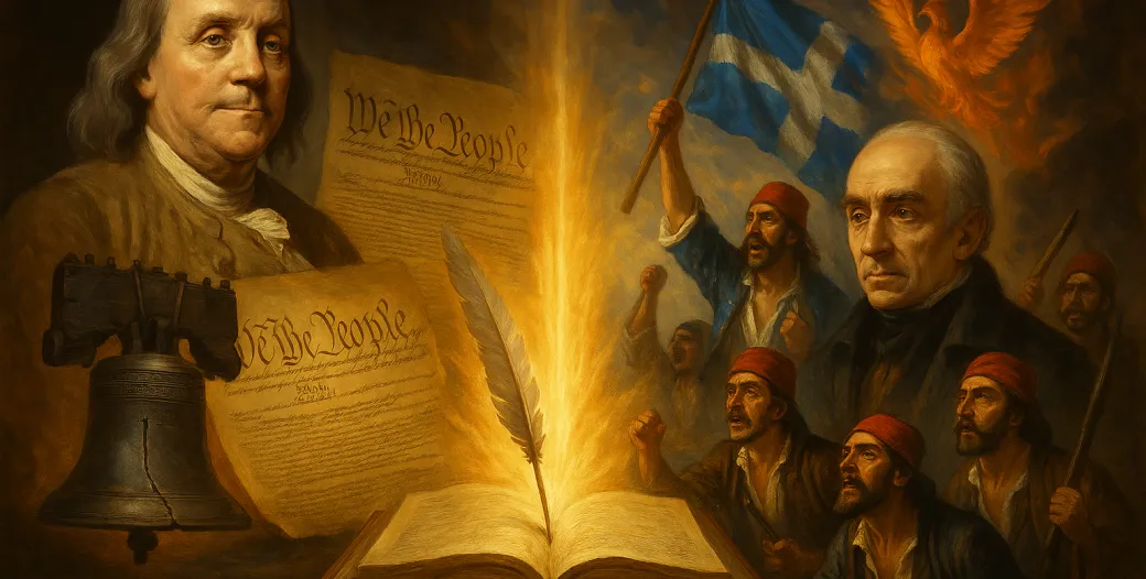 Collage of Greek and American Revolutionaries and the Declaration of Independence