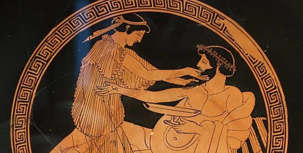 Greek vase illustration of a sex-worker and her client