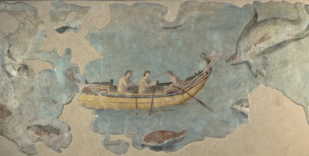 painting of people in a boat surrounded by sea creatures