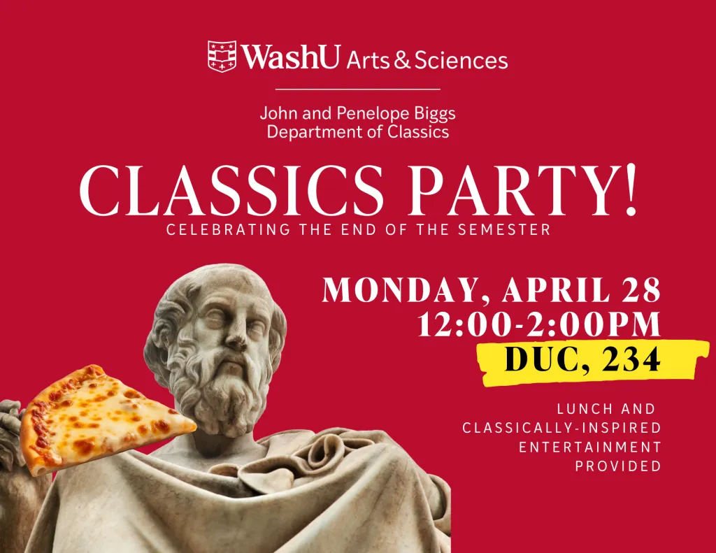 Greek statue holding pizza with info on Classics party