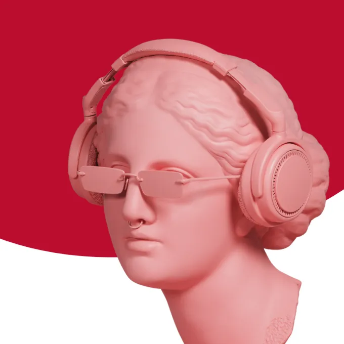 pink Greek statue modifies with headphones, sunglasses, and a nose ring
