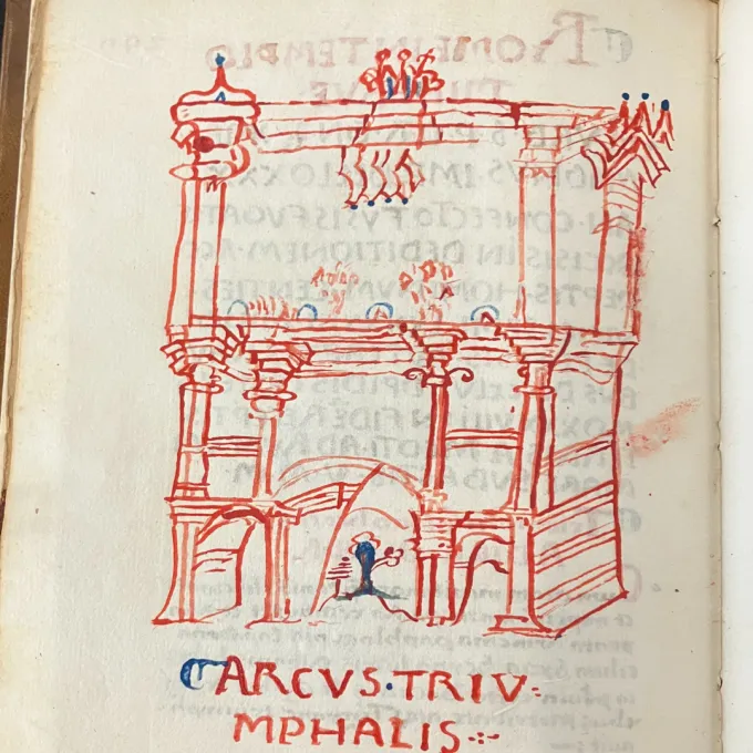 drawing of architectural arch in medieval book