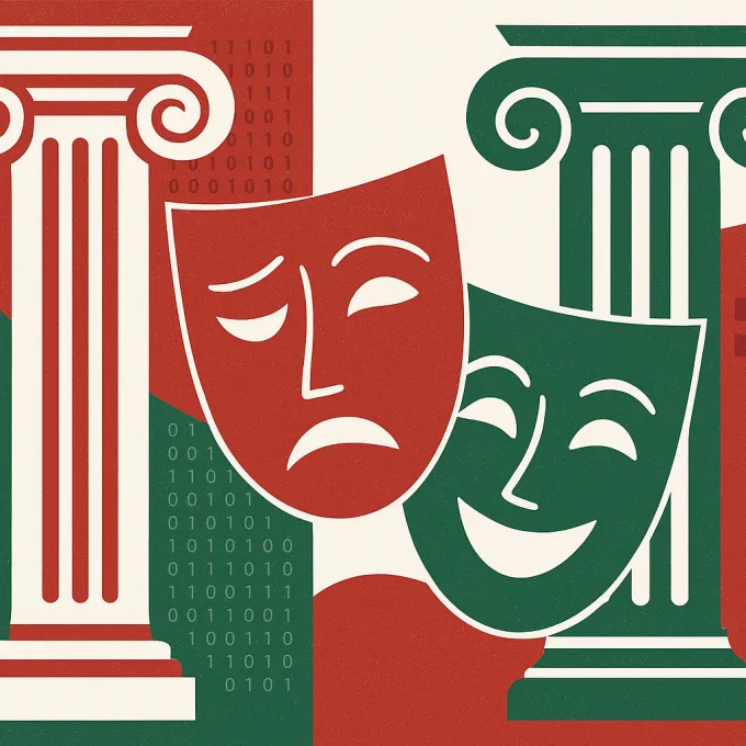 Greek theater masks in the foreground with columns and 0-1 code in the background
