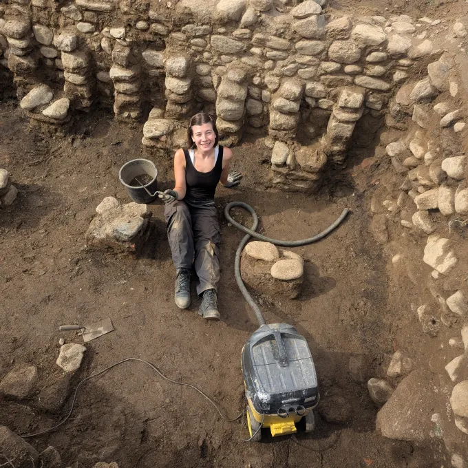 Spanger sitting in a archaeological site surrounded by stones and tools