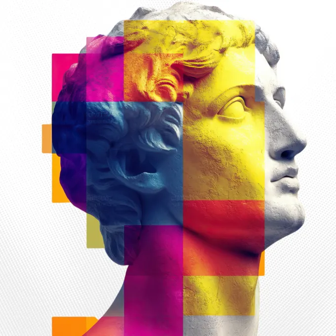 Greek bust with colored boxes overlapping