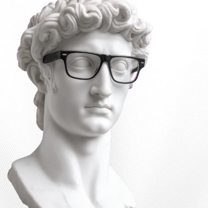 greek bust wearing black rimmed glasses